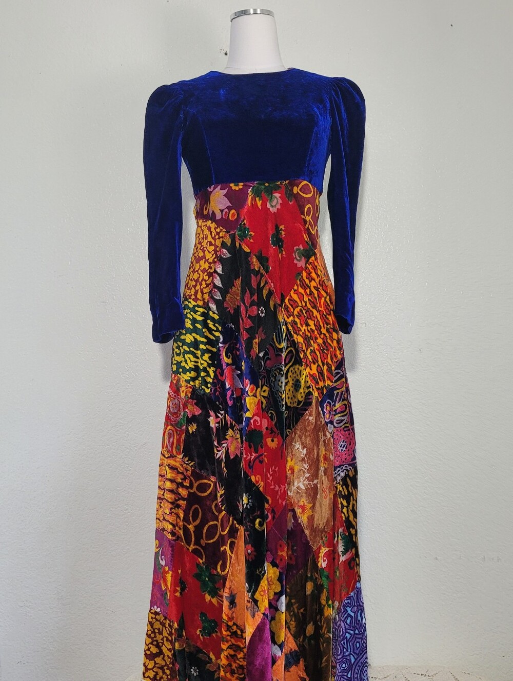 Vintage 70s Blue Velvet Fitted Bodice Multicolor Patchwork Maxi Dress No Size